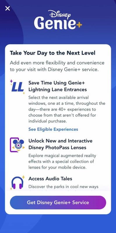 Print o app da Disney com as explicações sobre o Genie+