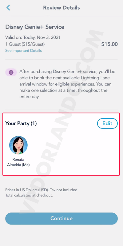 Print do app da Disney mostrando como adicionar pessoas a um agendamento.