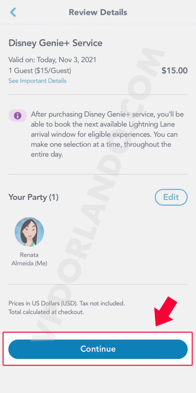 Print do app da Disney destacando o botão de Continue para seguir com a compra