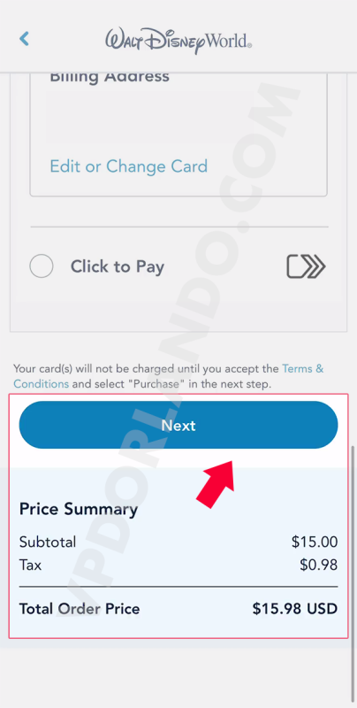Print do app da Disney mostrando o valor de 15,98 destacando o botão de next para concluir a compra do Genie+