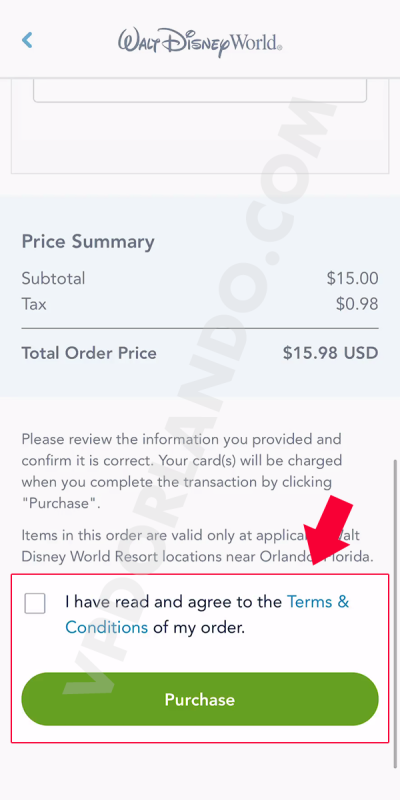 Print do app da Disney  destacando o botão de Purchase para concluir a compra do Genie+