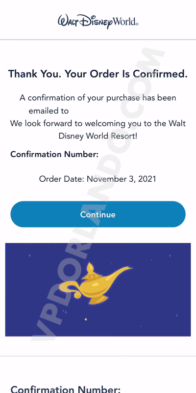 Print do app da Disney com a tela de confirmação