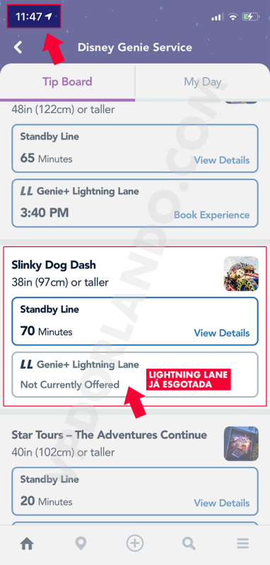 Print do app da Disney mostrando que a fila rápida do Genie+ para o Slinky Dog Dash já estava esgotada às 11:47 da manhã.