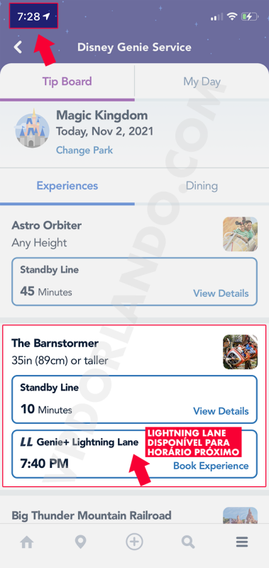 Print do app da Disney mostrando que a fila rápida do Genie+ para a Barnstormer tinha disponibilidade do Genie+ para às 19:40 quando eram 19:28.