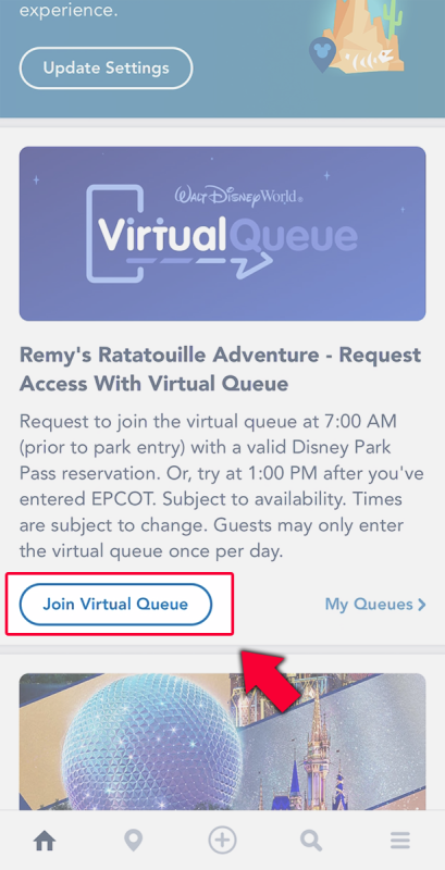 Print do aplicativo da Disney destacando o botão de Join Virtual Queue para a atração de Ratatouille.