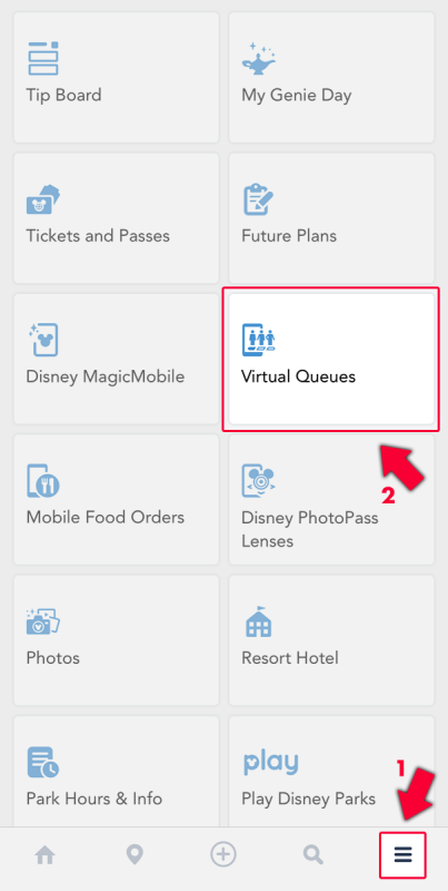 Print do aplicativo da Disney destacando o botão de menu e em seguida de filas virtuais.