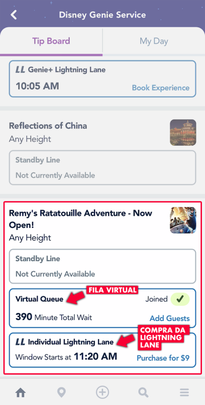 Tela do aplicativo da Disney com a parte da atração do Ratatouille destacada. Há o tempo de espera da fila virtual e também a opção de comprar Lightning Lane.