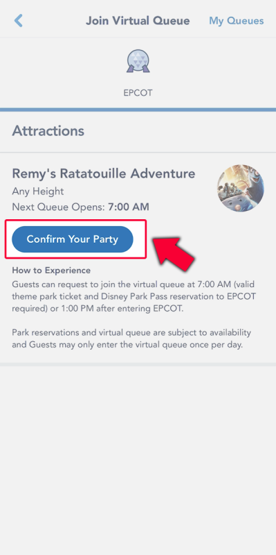 Print do aplicativo da Disney destacando o botão de Confirm Your Party.