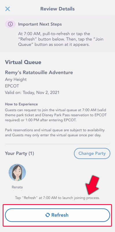 Print do aplicativo da Disney destacando o botão de Refresh.