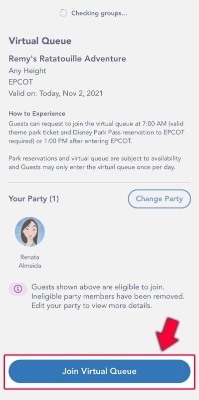 Print do aplicativo da Disney destacando o botão de Join Virtual Queue para a atração de Ratatouille.