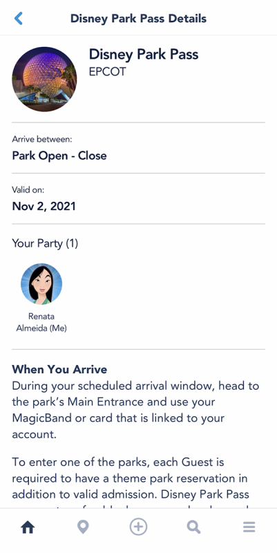 Print da tela do aplicativo da Disney mostrando os detalhes da reserva do Disney Park Pass da Renata.
