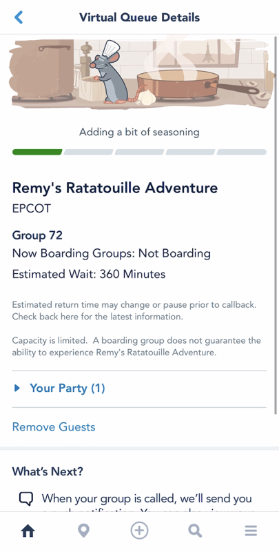 Imagem da tela do aplicativo da Disney confirmando a fila virtual para a atração de Ratatouille