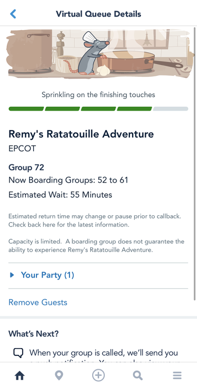 Print da tela do aplicativo da Disney, mostrando que o grupo da Renata é o 72 e faltam 55 minutos estimados para a entrada na atração de Ratatouille.