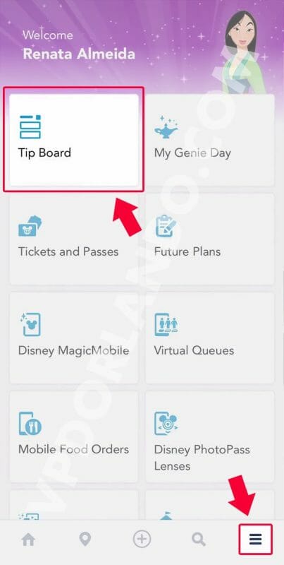 Menu do My Disney Experience, aplicativo da Disney