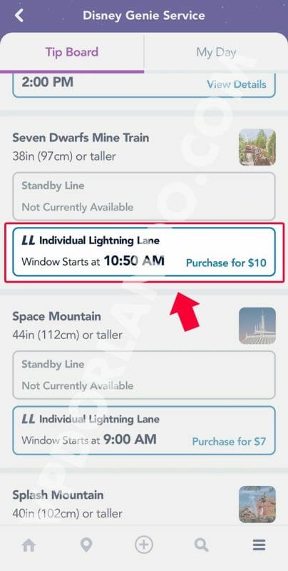Tela do aplicativo da Disney oferecendo a compra da Lightning Lane