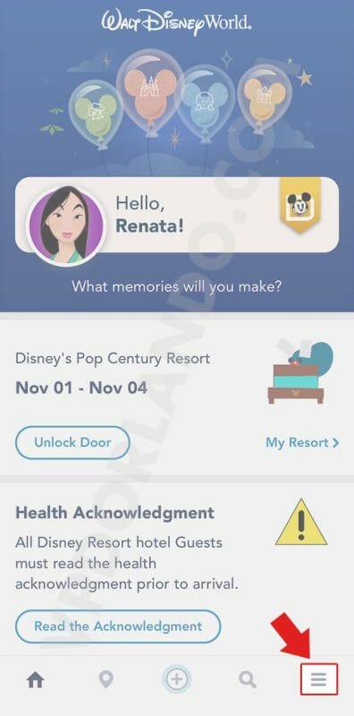 Imagem da tela inicial do aplicativo da Disney com uma seta apontando para o menu.
