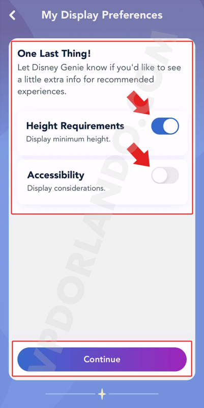 Imagem da tela do aplicativo da Disney para contar para o Disney Genie se você quer ver informações de altura e de acessibilidade.