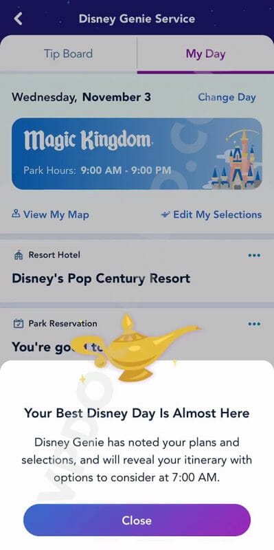 Imagem da tela do aplicativo da Disney avisando que as seleções ficam disponíveis a partir das 7h da manhã no dia da visita.