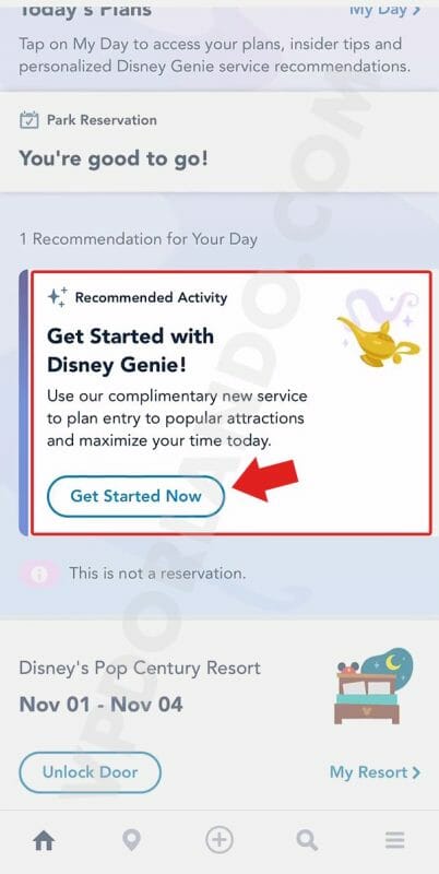 Imagem da tela inicial do aplicativo da Disney com uma seta apontando para um botão de Get Started Now, para começar a fazer seleções do Disney Genie.