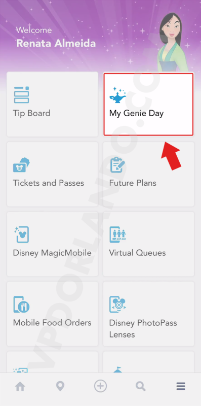 Imagem da tela do aplicativo da Disney com uma seta apontando para o item My Genie Day.