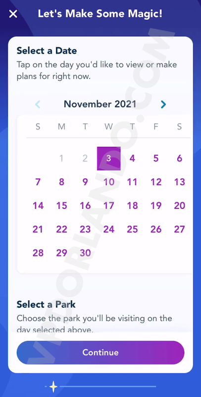 Imagem da tela do aplicativo da Disney para selecionar a data da visita.