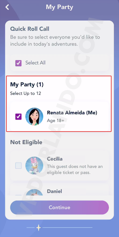 Imagem da tela do aplicativo da Disney para selecionar o grupo para fazer seleções do Disney Genie.