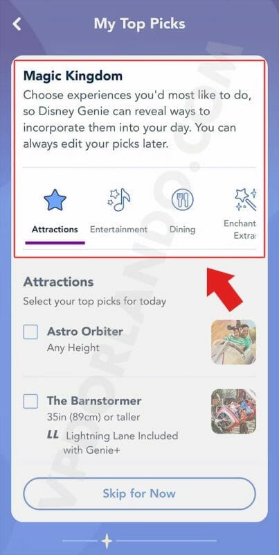 Imagem da tela do aplicativo da Disney com uma seta apontando para a opção de selecionar atrações, shows, restaurantes e mais.