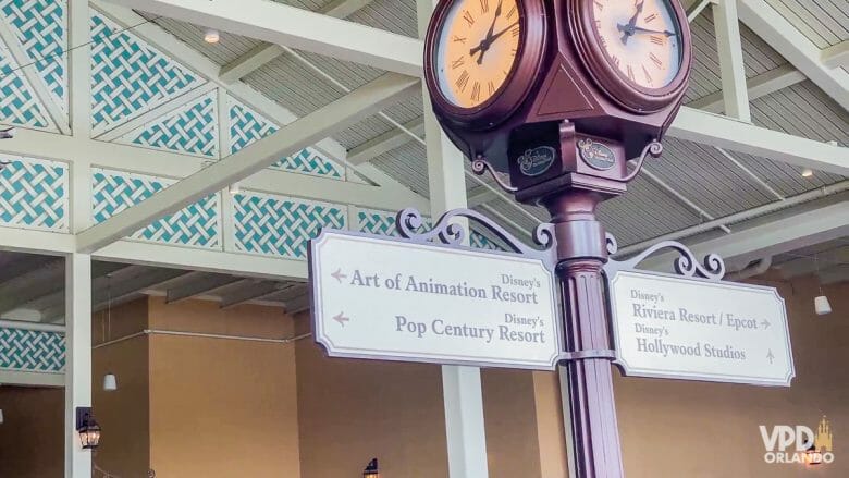 Imagem com um relógio e placas indicando a linha do Art of Animation e o Pop Century para a esquerda e do Riviera/Epcot e Hollywood Studios para a direita.