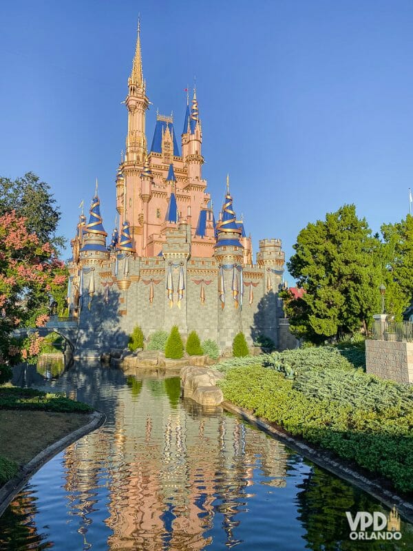 Foto do castelo do Magic Kingdom visto de lado.