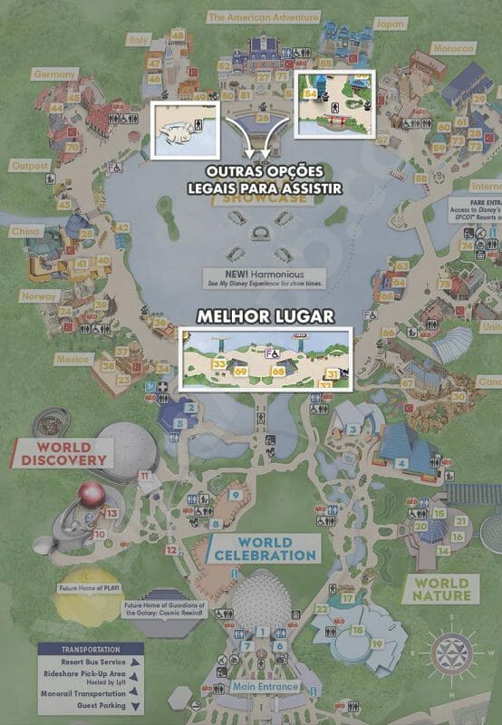 Imagem destacando a entrada do World Showcase como melhor lugar para assistir o show, e os pavilhões do Japão e Itália como outras opções legais para assistir.