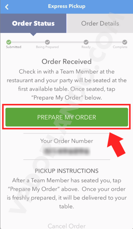 Print da tela do app da Universal com uma seta vermelha apontando para a opção Prepare My Order.