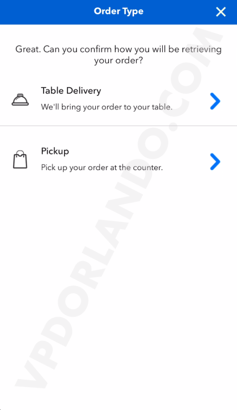 Print do aplicativo que mostra as opções de Table Delivery e Pickup.
