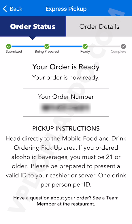Print do aplicativo que mostra que o pedido de Mobile Order está pronto.