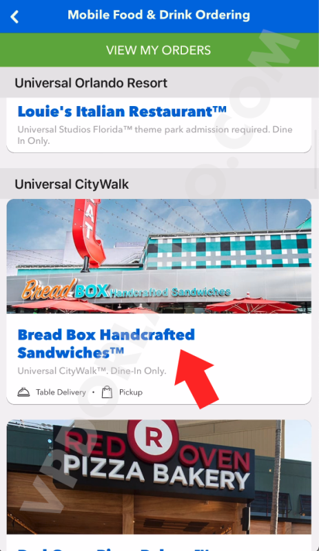 Print da tela do app da Universal com uma seta vermelha apontando para a opção do restaurante Bread Box.