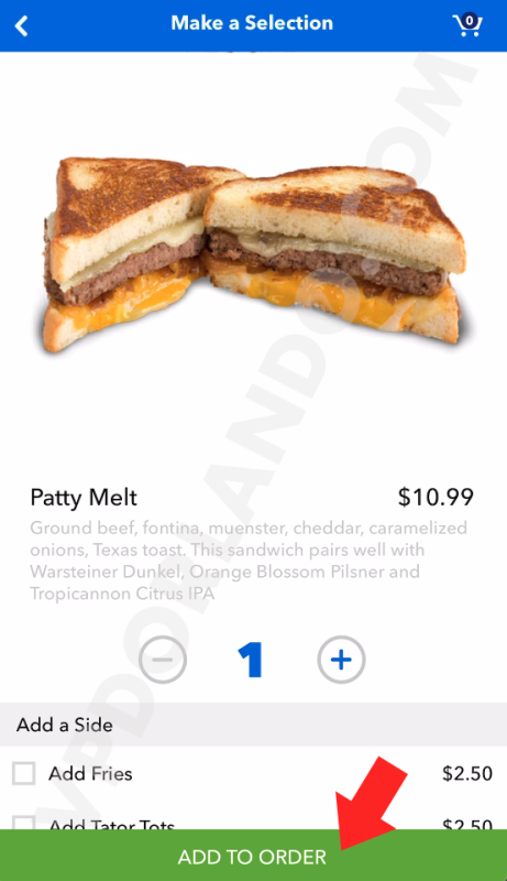 Print da tela do Patty Melt, um dos itens do cardápio que traz pão, carne e queijo. Uma seta vermelha aponta para a opção Add to Order.