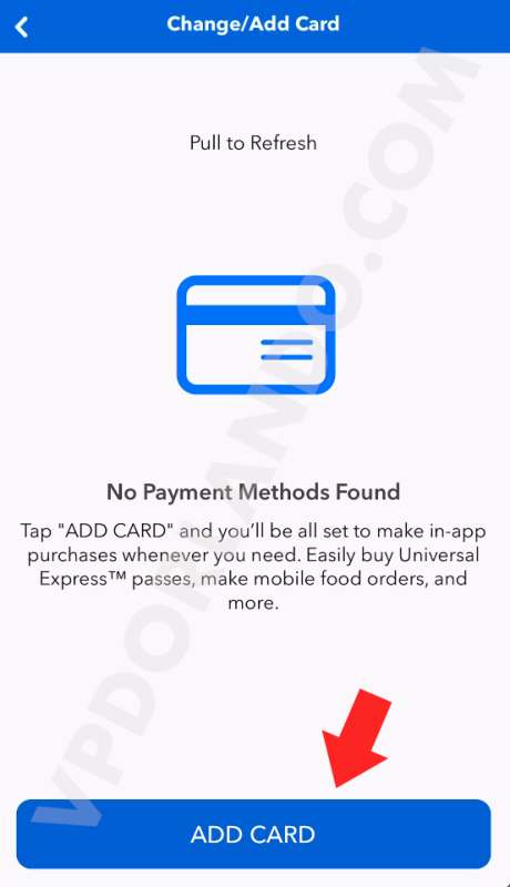 Print da tela do app da Universal com uma seta vermelha apontando para a opção Add Card.