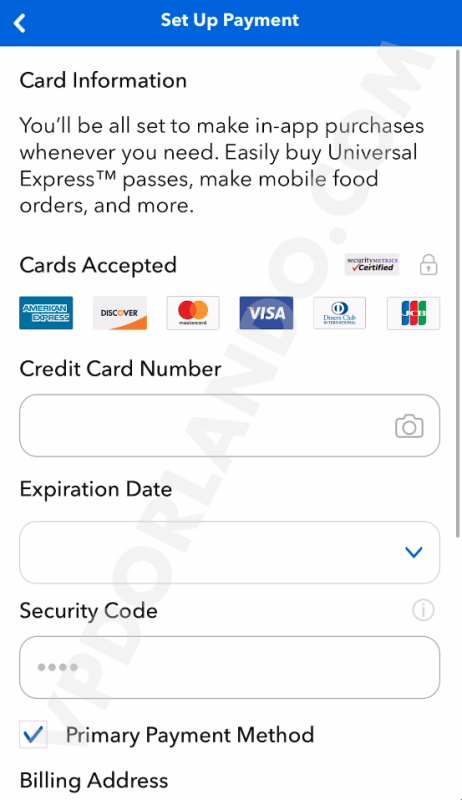 Print da tela do app da Universal com os campos para preencher as informações do cartão de crédito