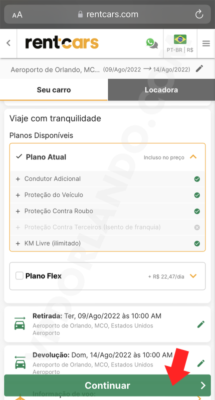 A tela mostra vários detalhes do plano do veículo, além da retirada e devolução. Uma seta vermelha aponta para o botão de continuar.