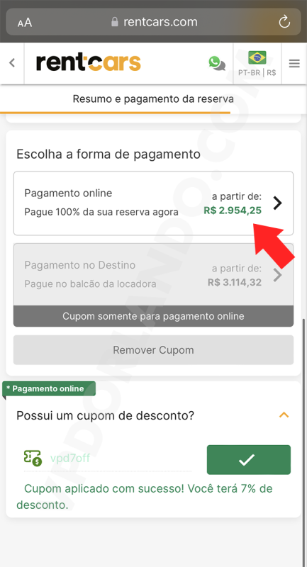 Tela da RentCars com uma seta vermelha apontando para o campo de pagamento online. 