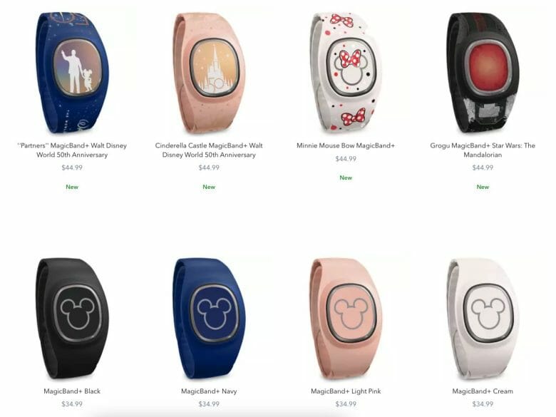 Imagem da página do ShopDisney com 8 opções diferentes de MagicBand+