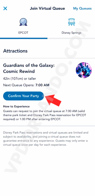 Print da tela do app da Disney com seta vermelha apontando para o botão confirm your party.