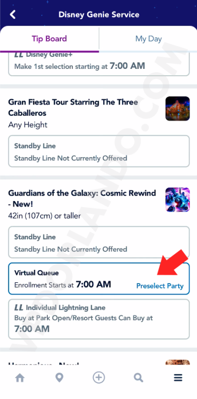 Print do app da Disney indicando onde clicar pra entrar na fila virtual da montanha-russa de Guardiões da Galáxia.