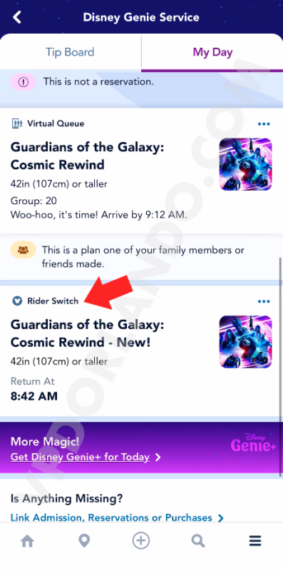 Print da tela do aplicativo da Disney com o Rider Switch.