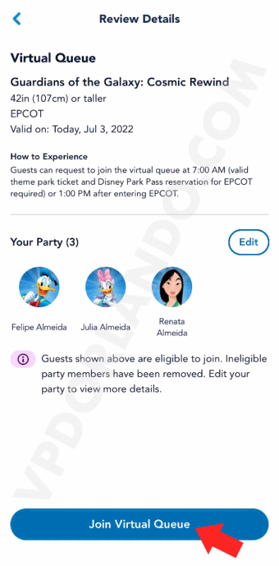 Print da tela do app da Disney com seta vermelha apontando para o botão de entrar na fila virtual.