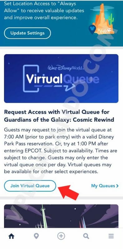 Print do app da Disney indicando onde clicar pra entrar na fila virtual da montanha-russa de Guardiões da Galáxia.