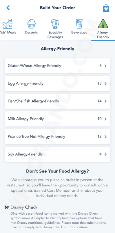 Tela da parte de restrições alimentares no menu de um dos restaurantes da Disney, no aplicativo da Disney. 