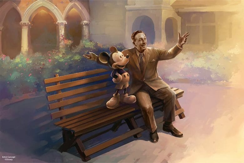 Arte do Mickey com o Walt Disney sentado em um banco. Essa nova estátua foi anunciada na d23 expo 2022.