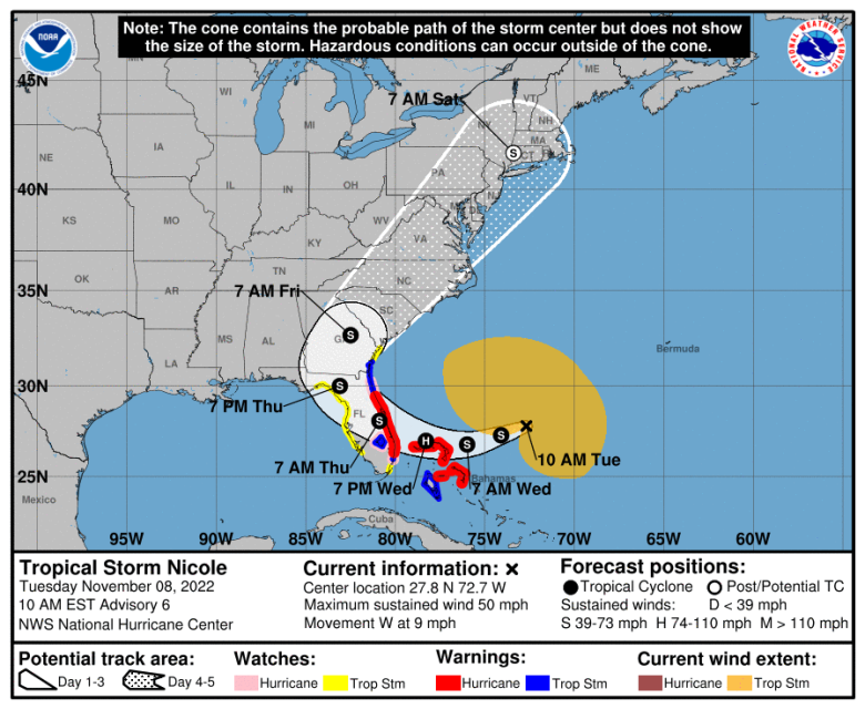 Rota da tempestade tropical Nicole na Flórida.