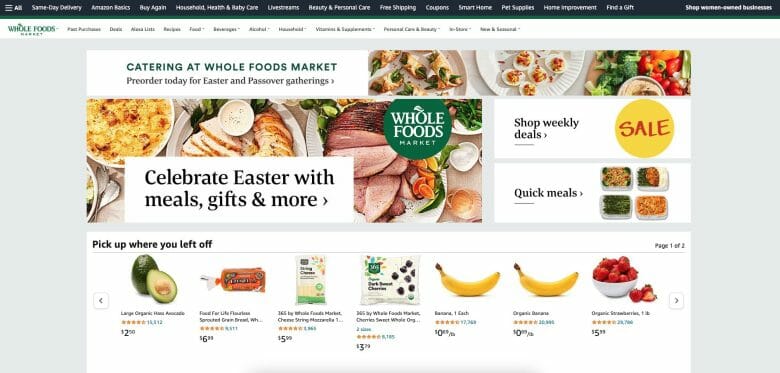 print da página inicial do whole foods market, opção de entrega de supermercado dentro da amazon.