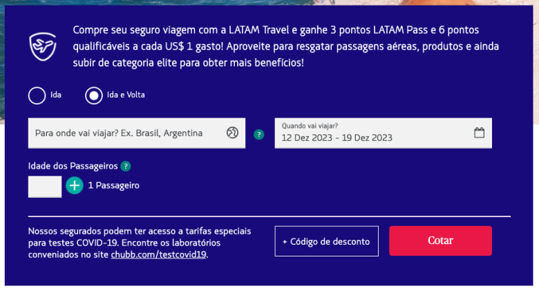 print da tela de cotação do seguro viagem latam